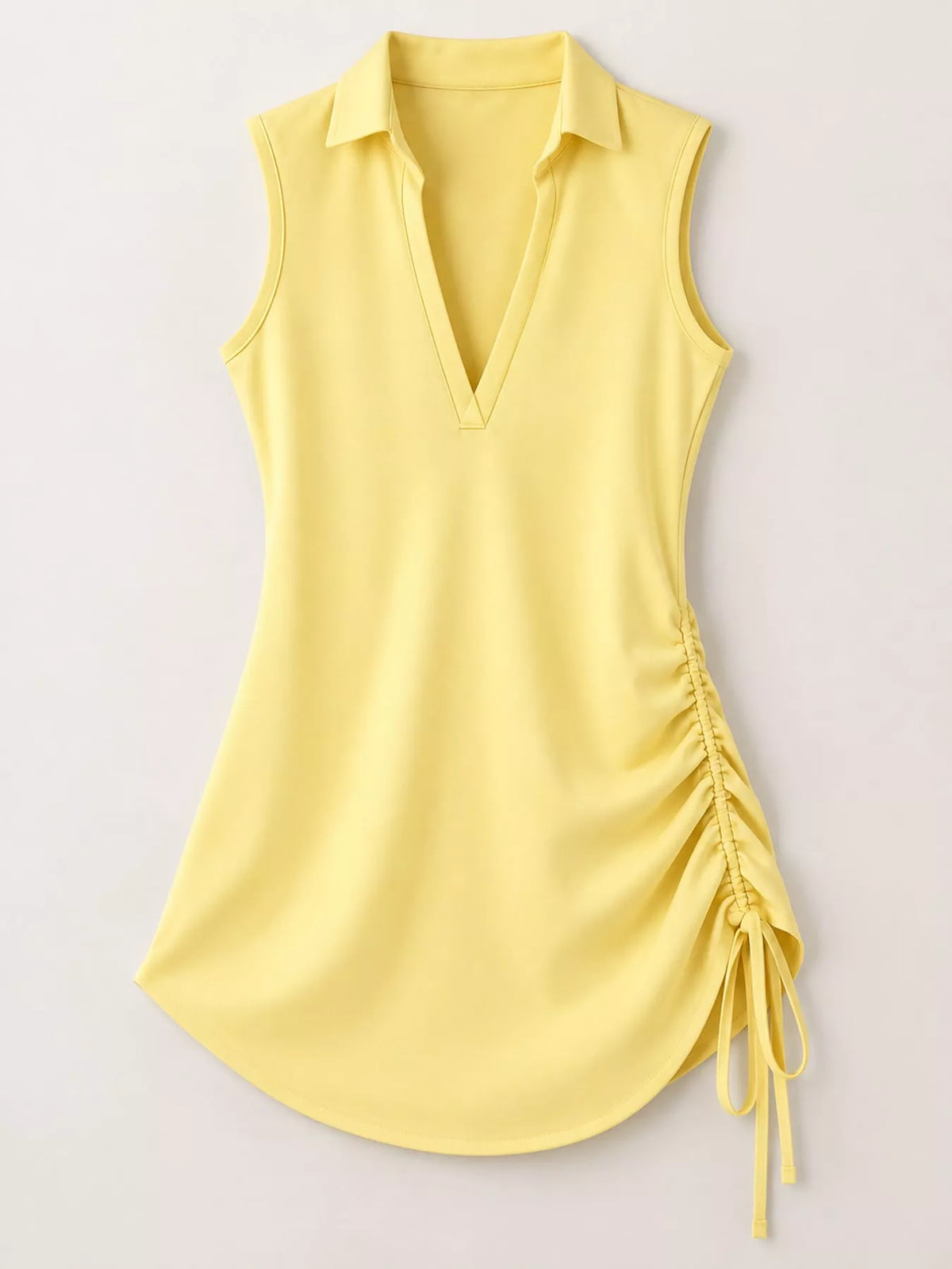 Women's Sleeveless V-Neck Ruched Side Mini Dress in yellow — flat lay view