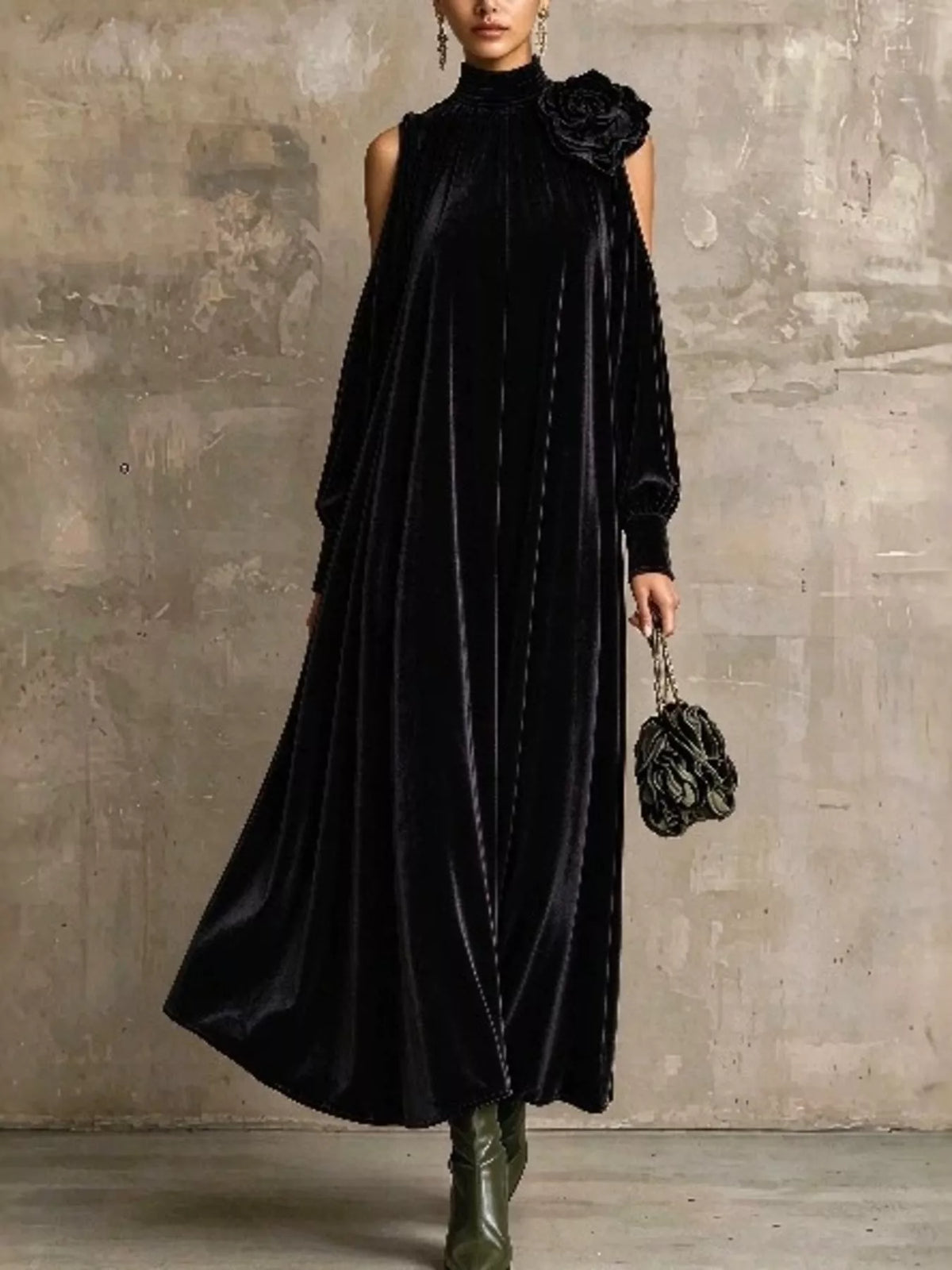 Mock neck long sleeve midi dress, front view on model