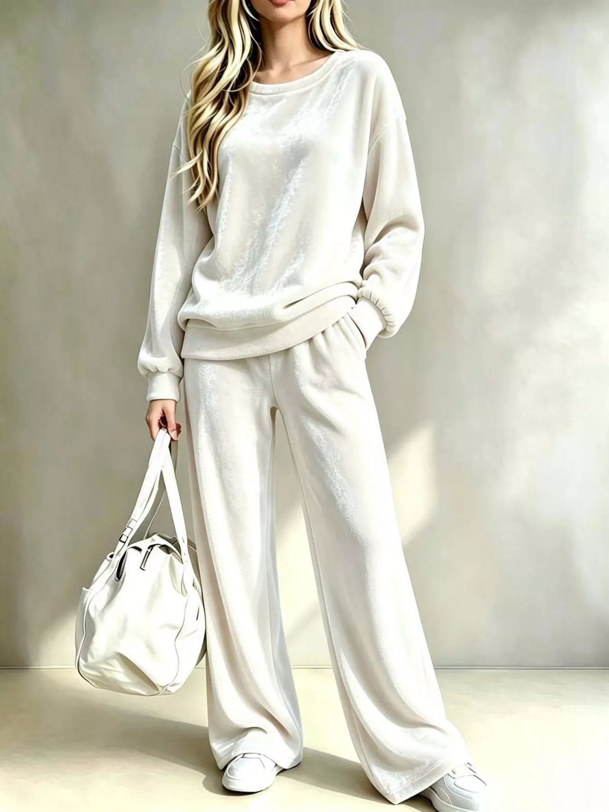 Women's Dropped Shoulder Velvet Top and Wide Leg Pants Set in cream — front view