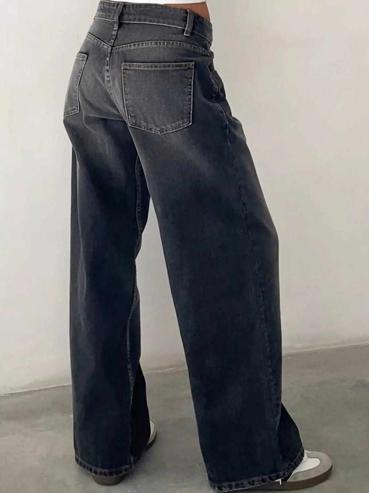 Wide-Leg Vintage Wash Jeans in dark gray, back view