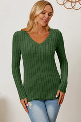 Trendsi Basic Bae Full Size Ribbed V-Neck Long Sleeve T-Shirt - Shirts