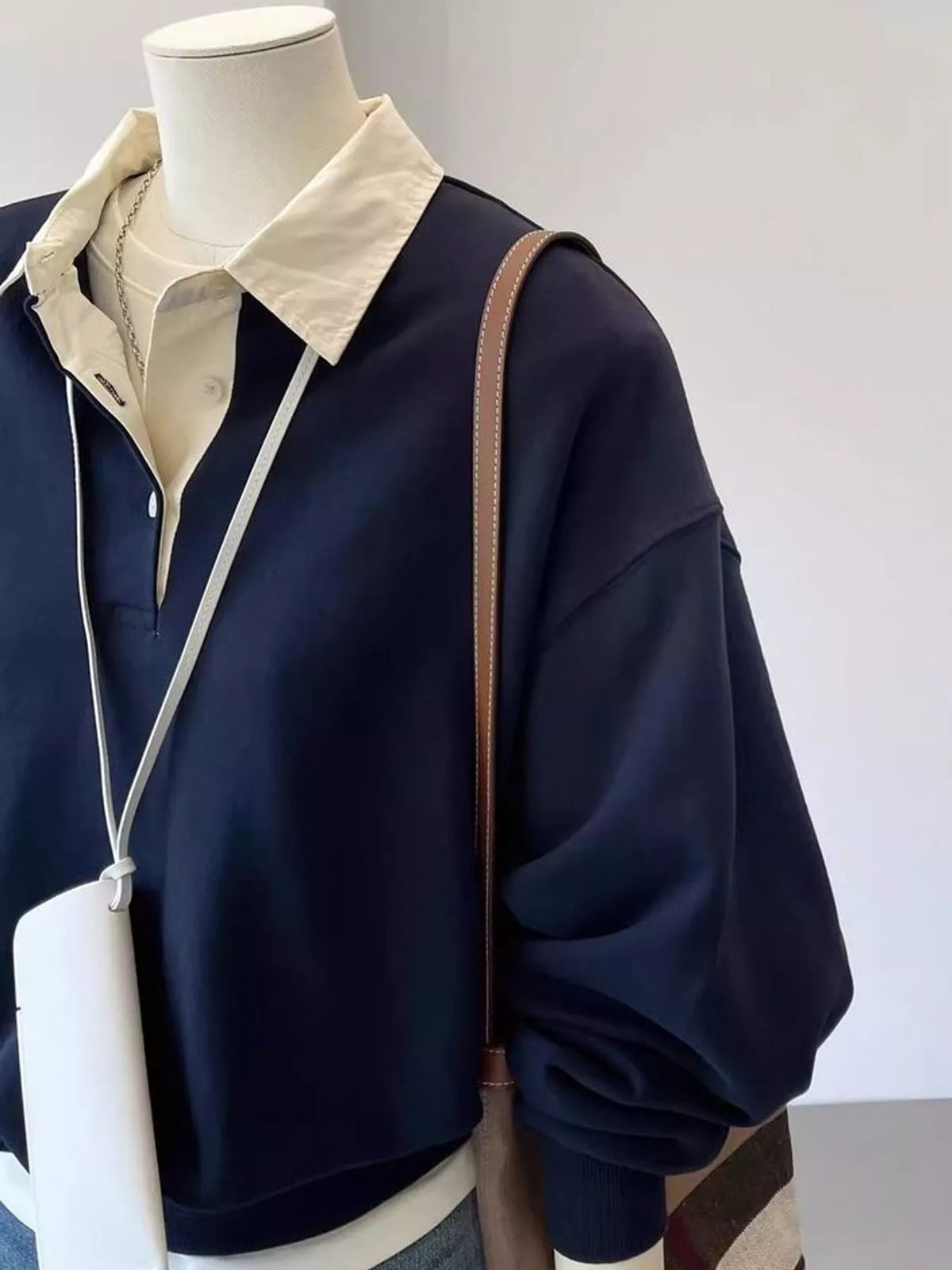 Navy polo-collar layered-look sweatshirt
