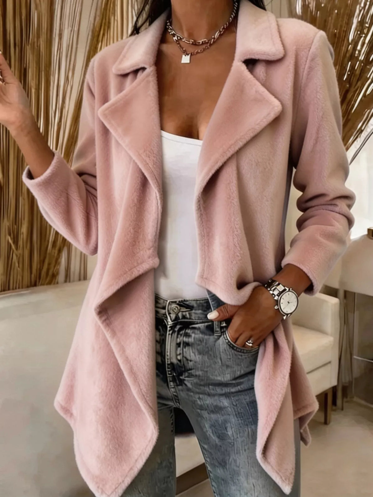 Pink fleece waterfall collar jacket