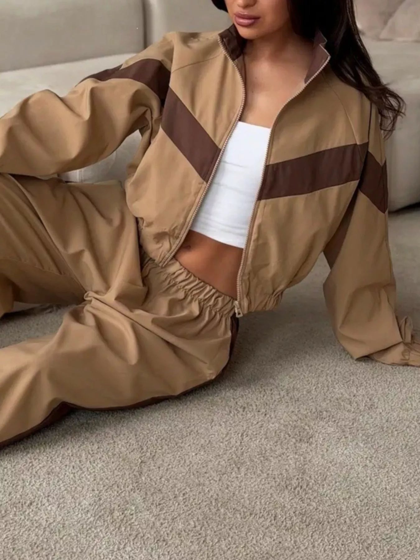 Trendsi Color Block Zip Up Outerwear and Pants Set -