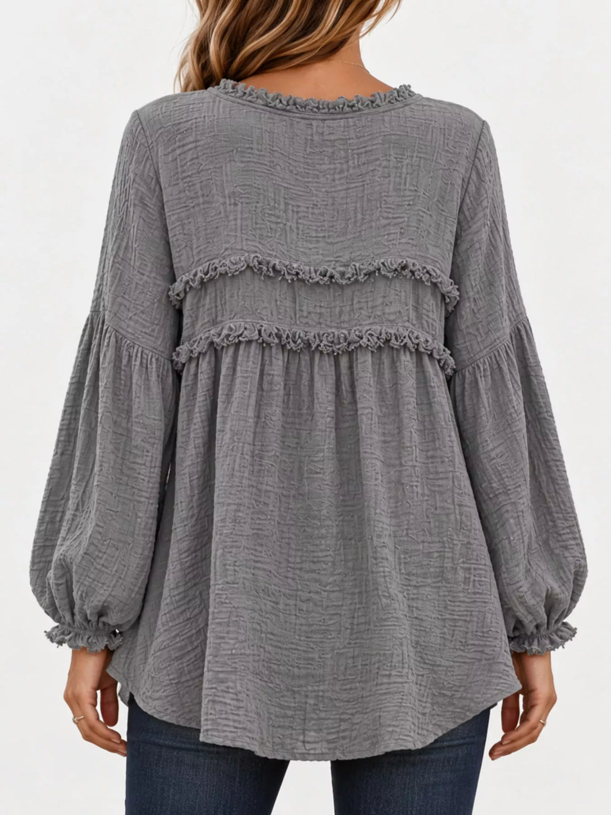 Gray textured frayed-trim peplum blouse, back view
