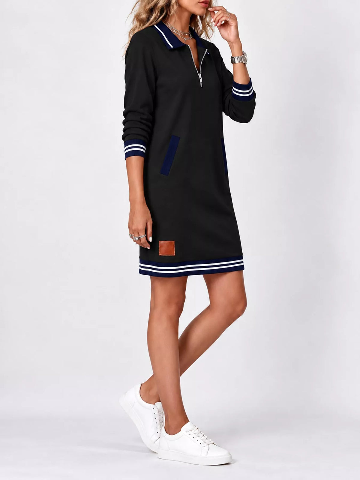 Black zip-up polo collar knit dress