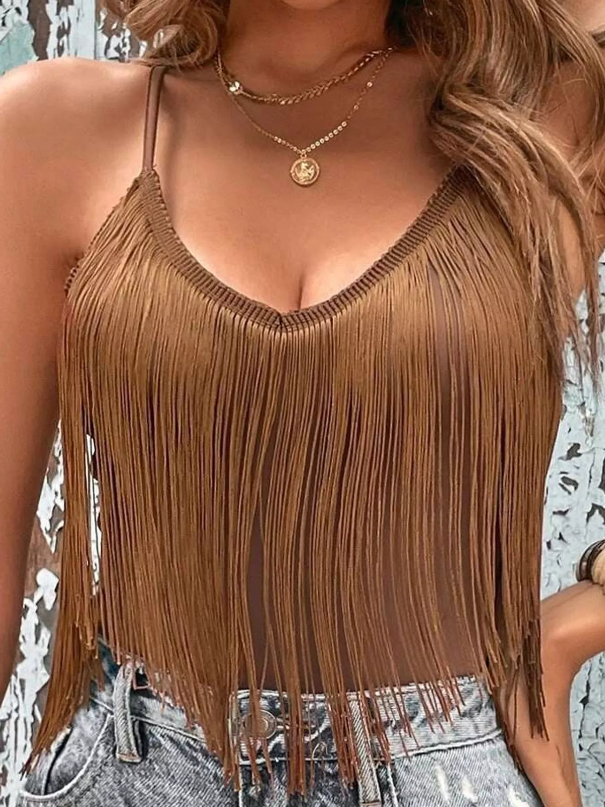 Brown fringe-trim spaghetti strap cami