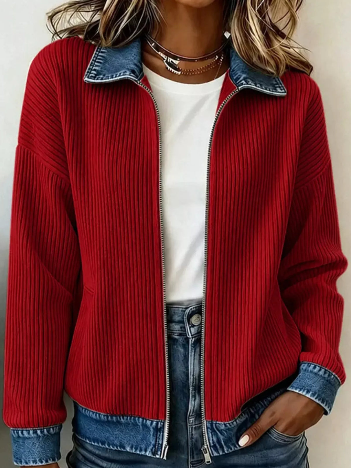 Red denim-collar ribbed knit zip-up jacket — front view