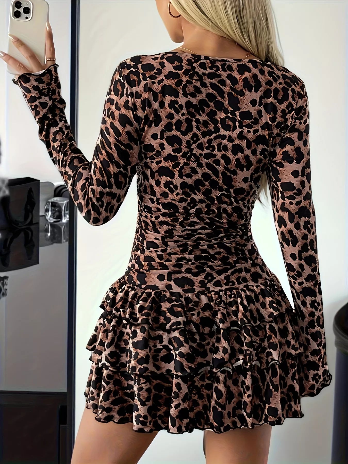Long sleeve ruffled-hem mini dress