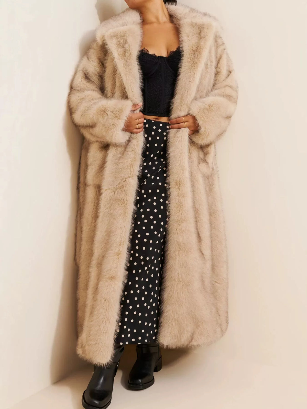 Lapel Collar Faux Fur Longline Coat with Pockets in light apricot