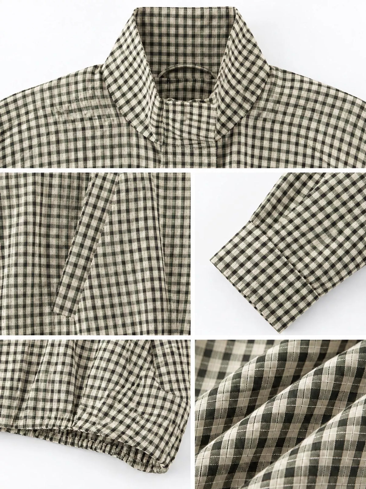 Khaki Plaid plaid stand-collar cropped jacket, detail view