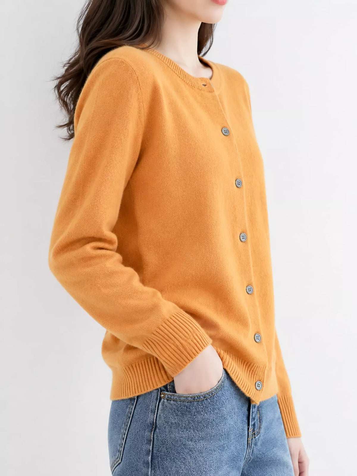Button-down cardigan, mustard side