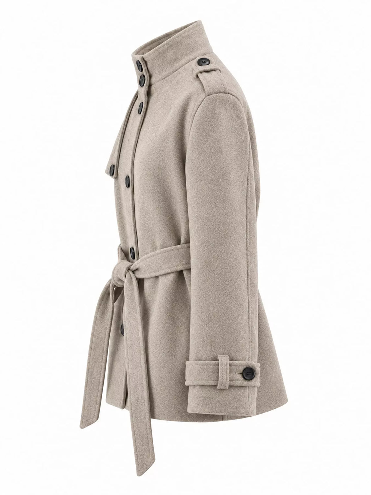 Stand-Collar Belted Button-Down Jacket — side view