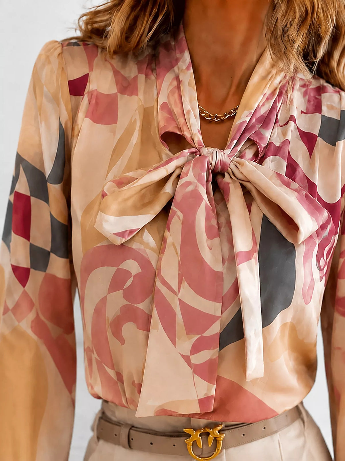 Women's Printed Bow-Tie Neck Long Sleeve Blouse in Pale Blush, back view