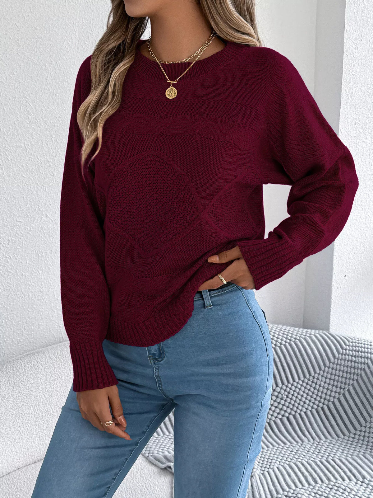Wine Red cable knit crew neck sweater