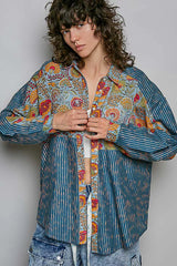Trendsi POL Patchwork Mixed Textured Paisley Floral Stripe Long Sleeve Shirt - Shirts