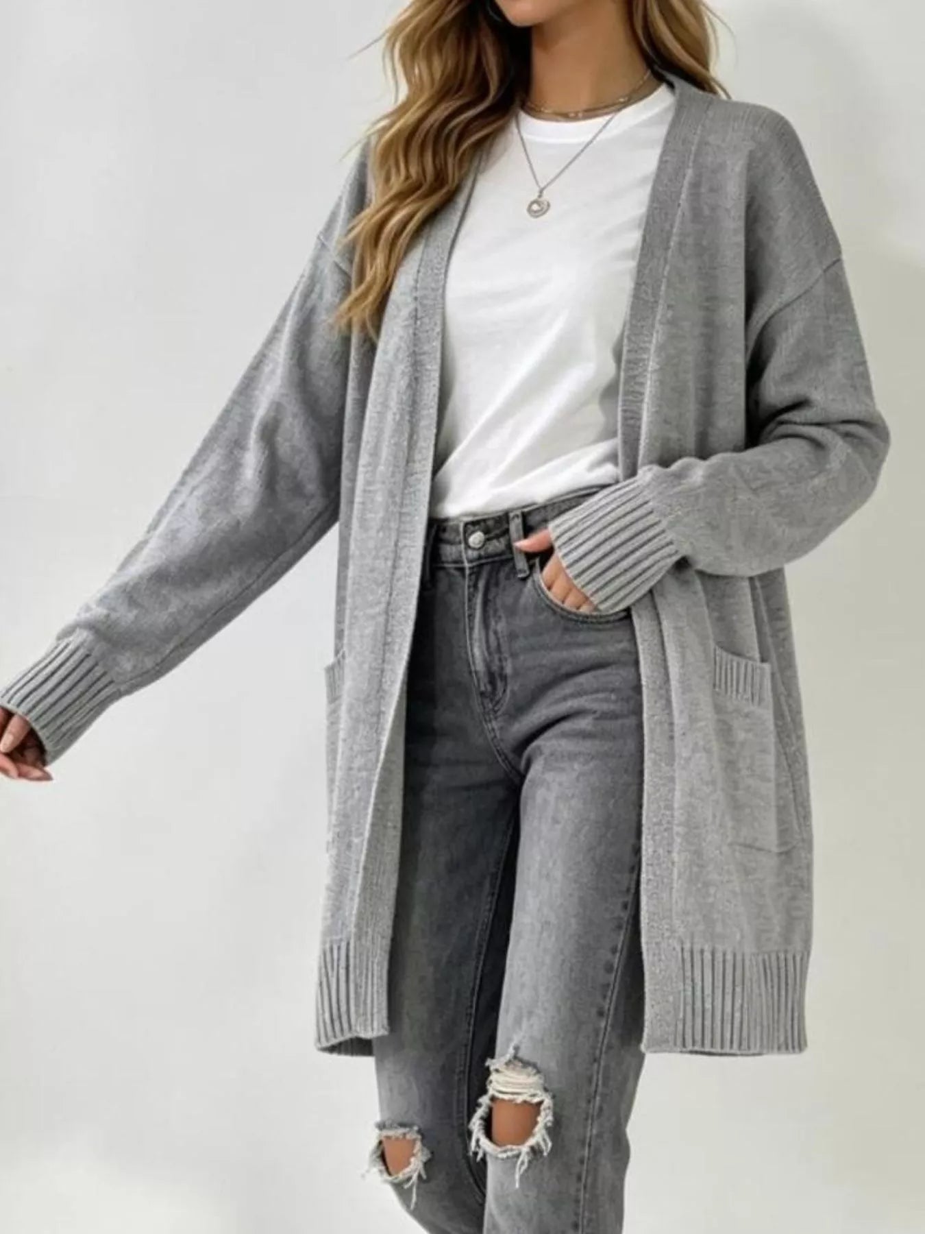 Trendsi Full Size Open-Front Longline Knit Cardigan Plus Size -