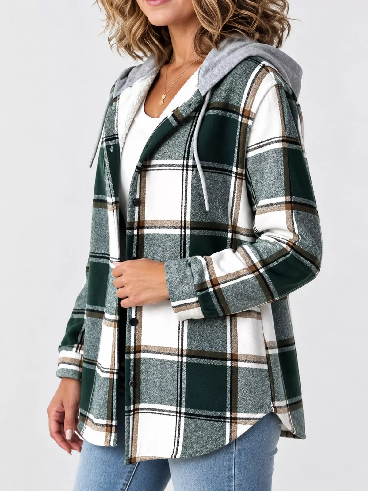Button-Down Printed Contrast Hooded Shacket — side view