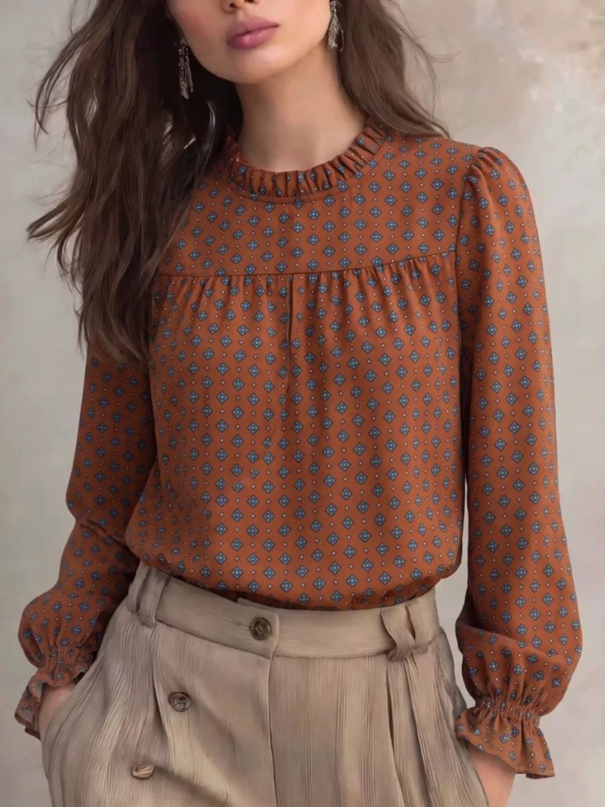 Geometric-print blouse, brown front