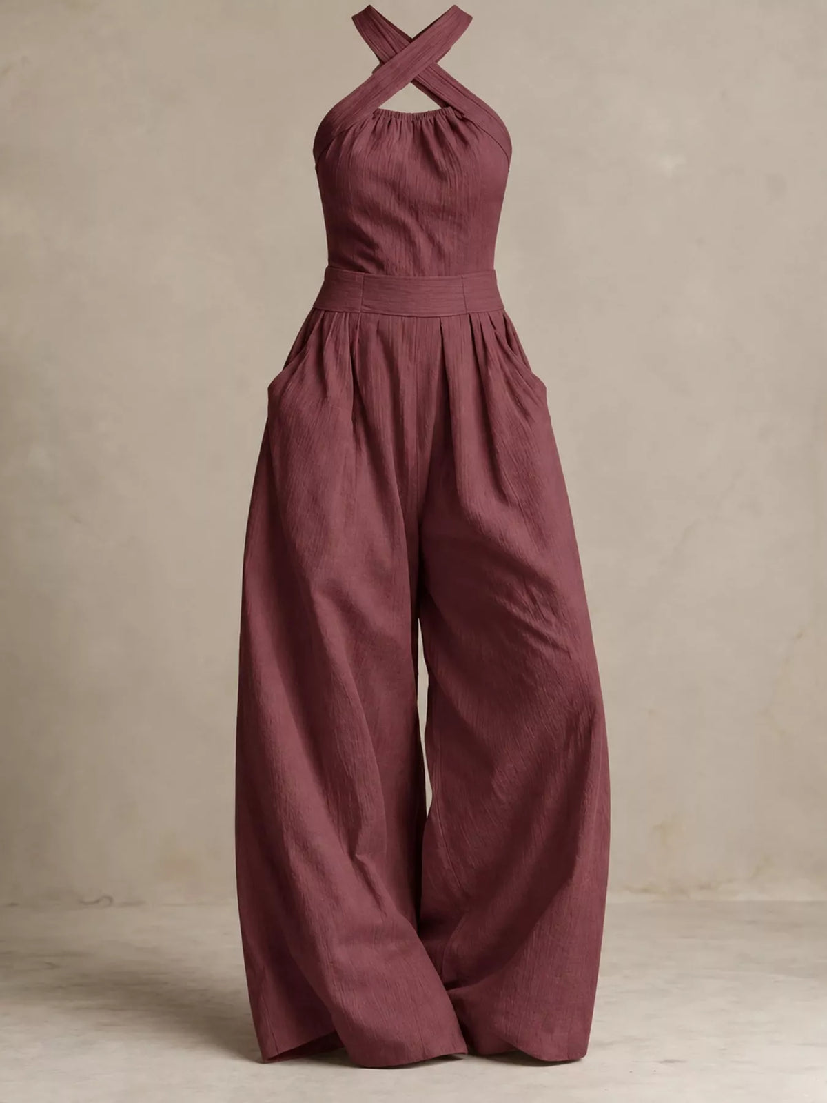 Wide-leg jumpsuit, burgundy flat lay