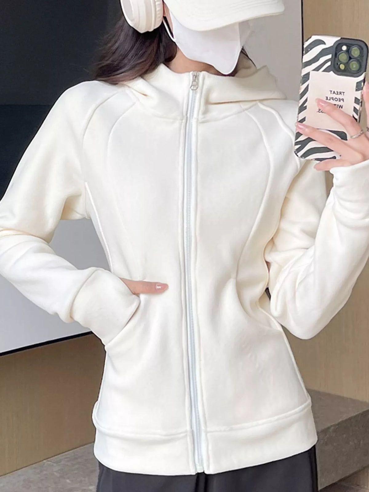 Slim-Fit Full-Zip Thumb Hole Long Sleeve Hoodie with Pockets — front view