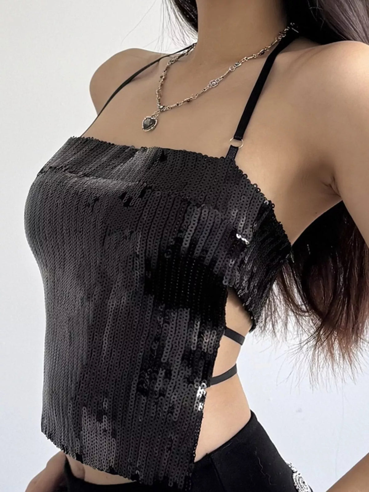 Black sequin halter neck cami