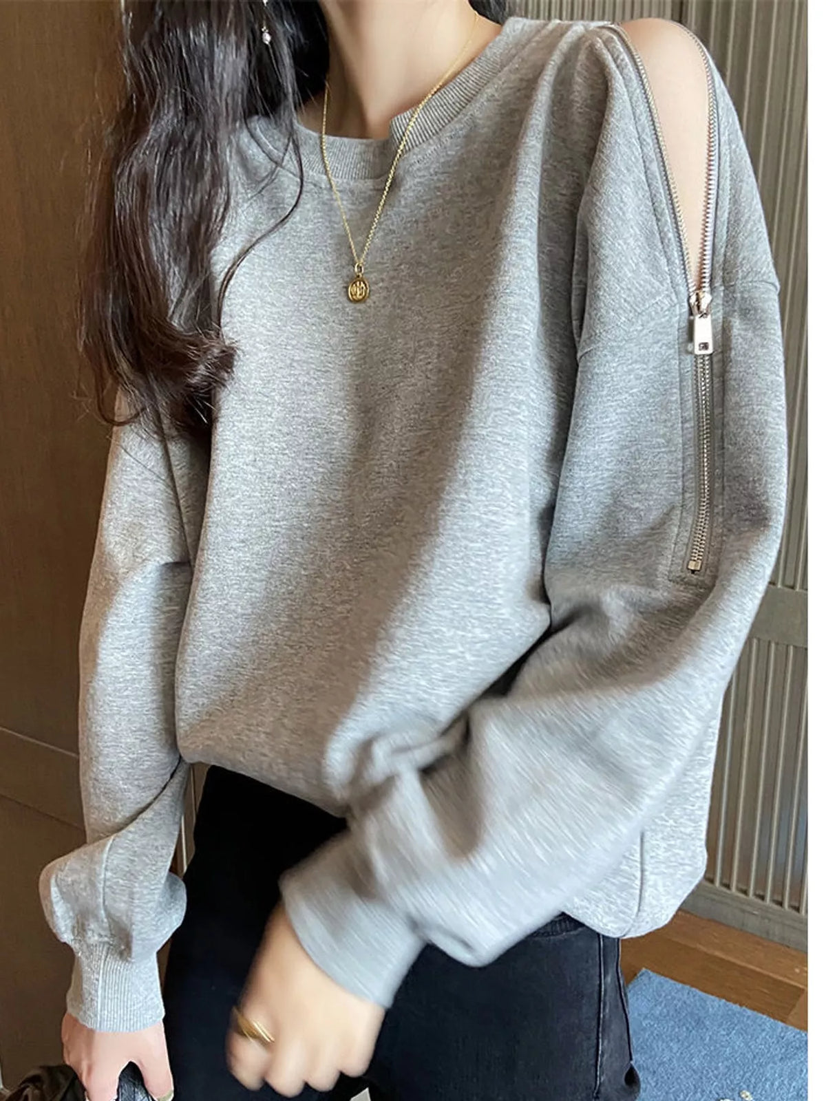 Women's Cold-Shoulder Zipper Detail Sweatshirt in gray — front view