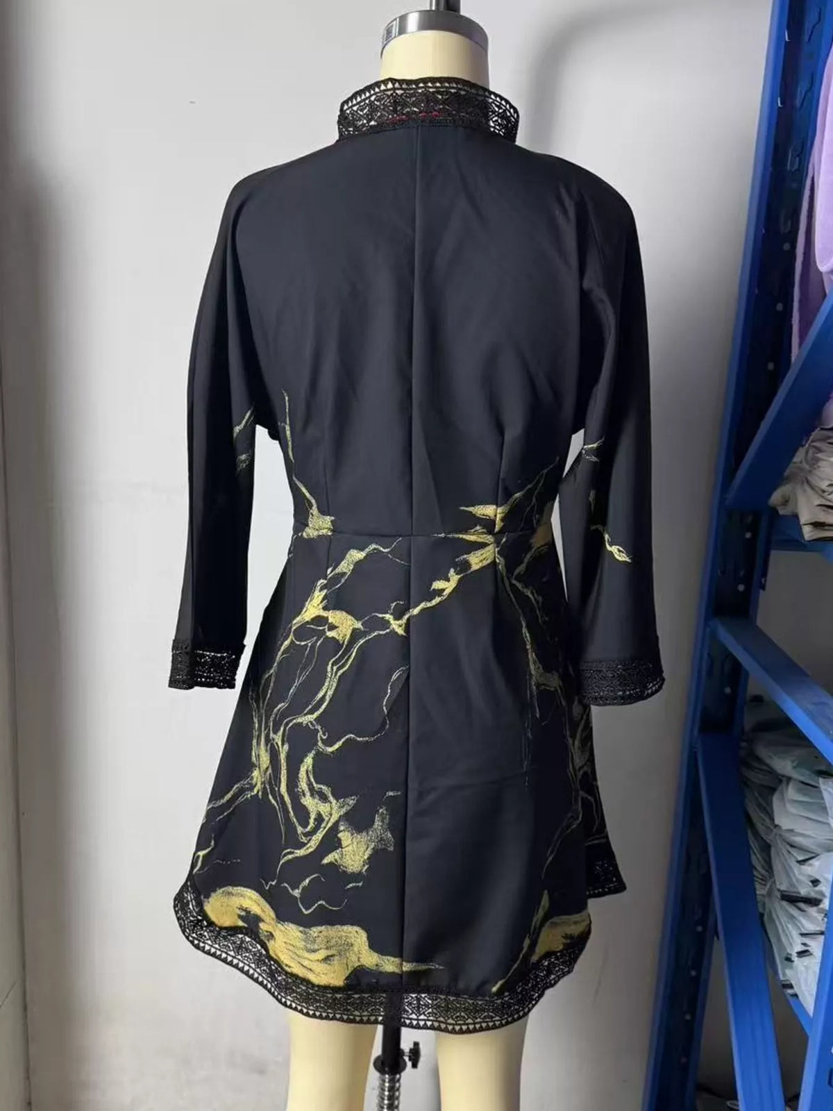 Black notched 3/4 sleeve mini dress, back view