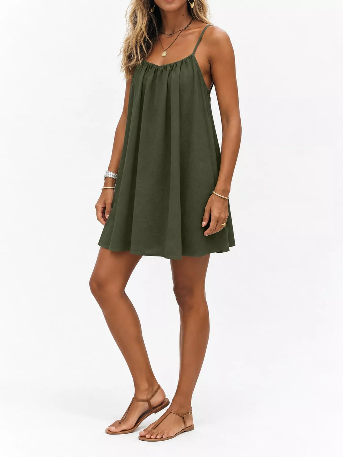 Dark olive spaghetti strap A-line mini dress with open tie back