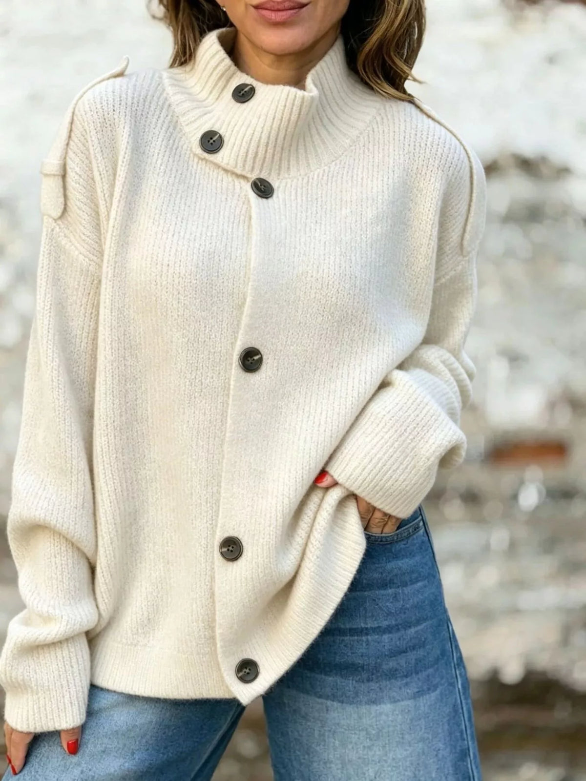 Mock neck long sleeve cardigan, front view on model