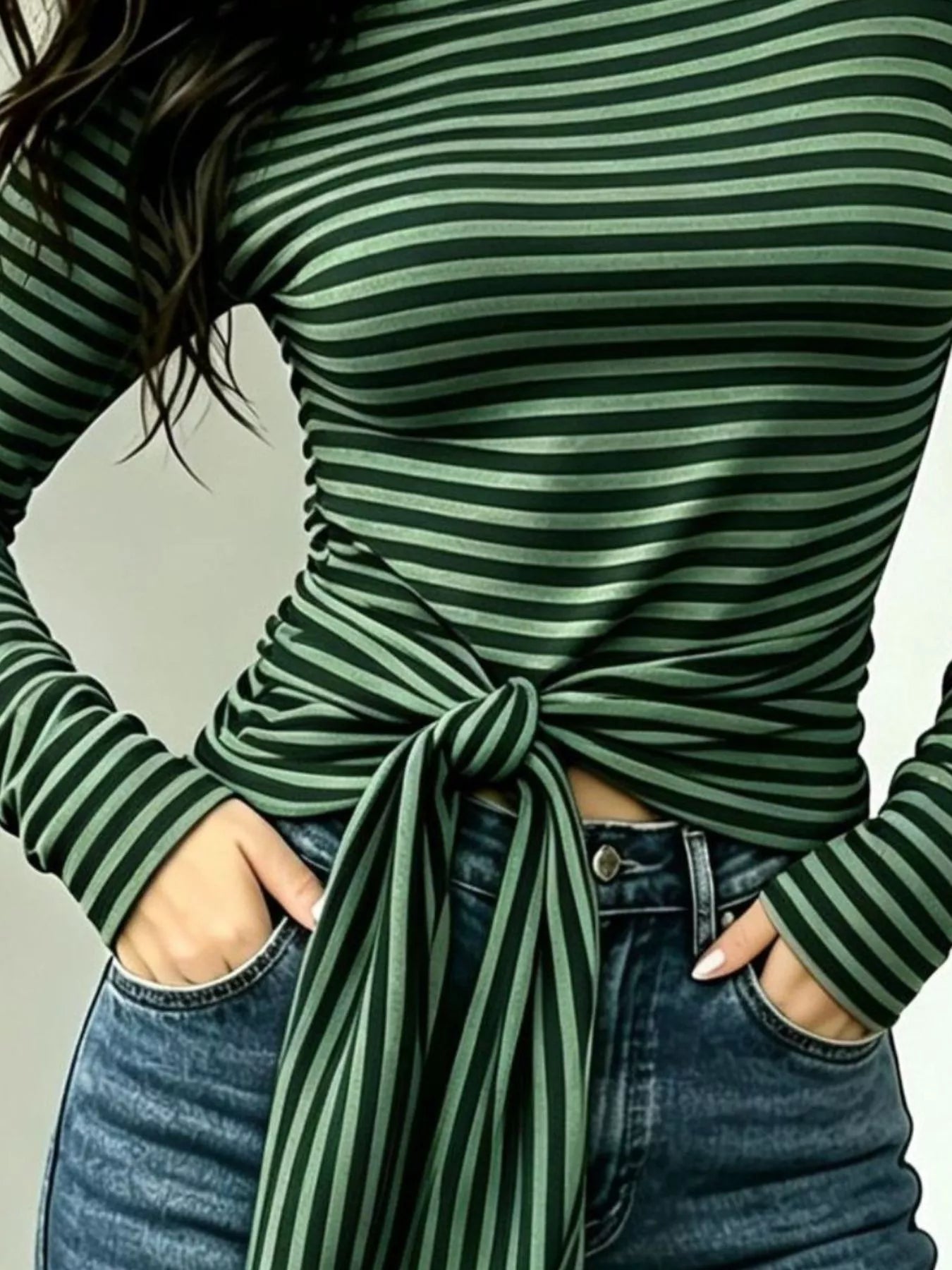 Long sleeve striped T-shirt with front tie