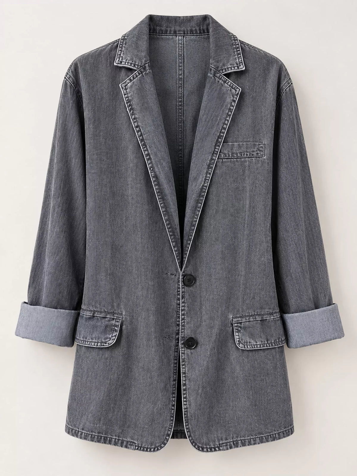 Lapel Collar Long Sleeve Denim Blazer in gray