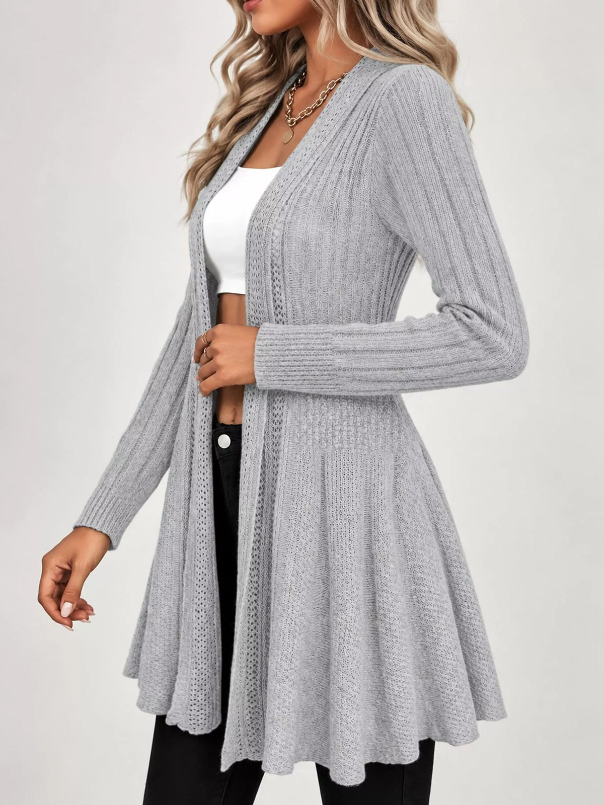 Light Gray ribbed knit open front flared cardigan