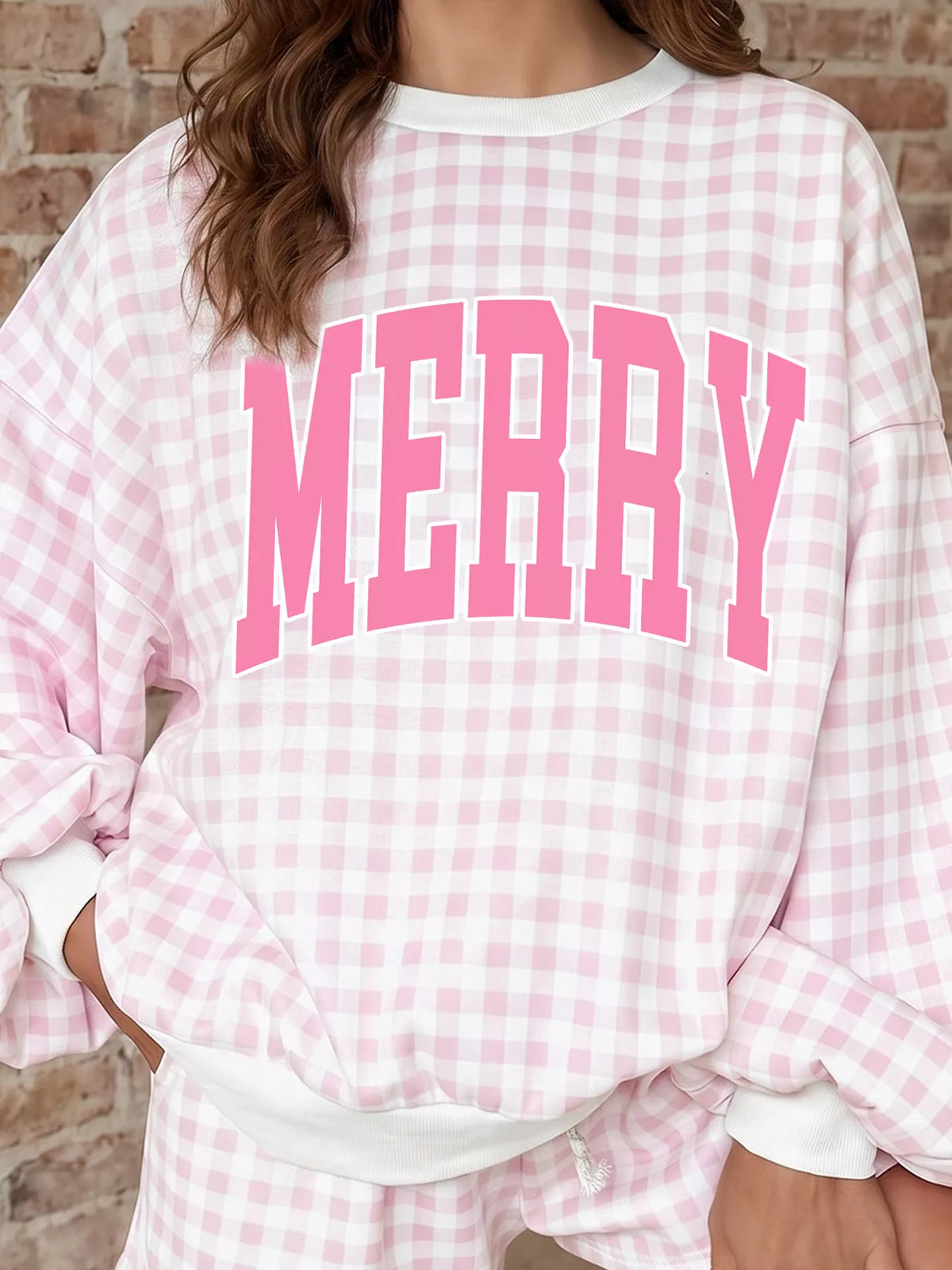 MERRY Plaid Top and Shorts Set in blush pink, front view
