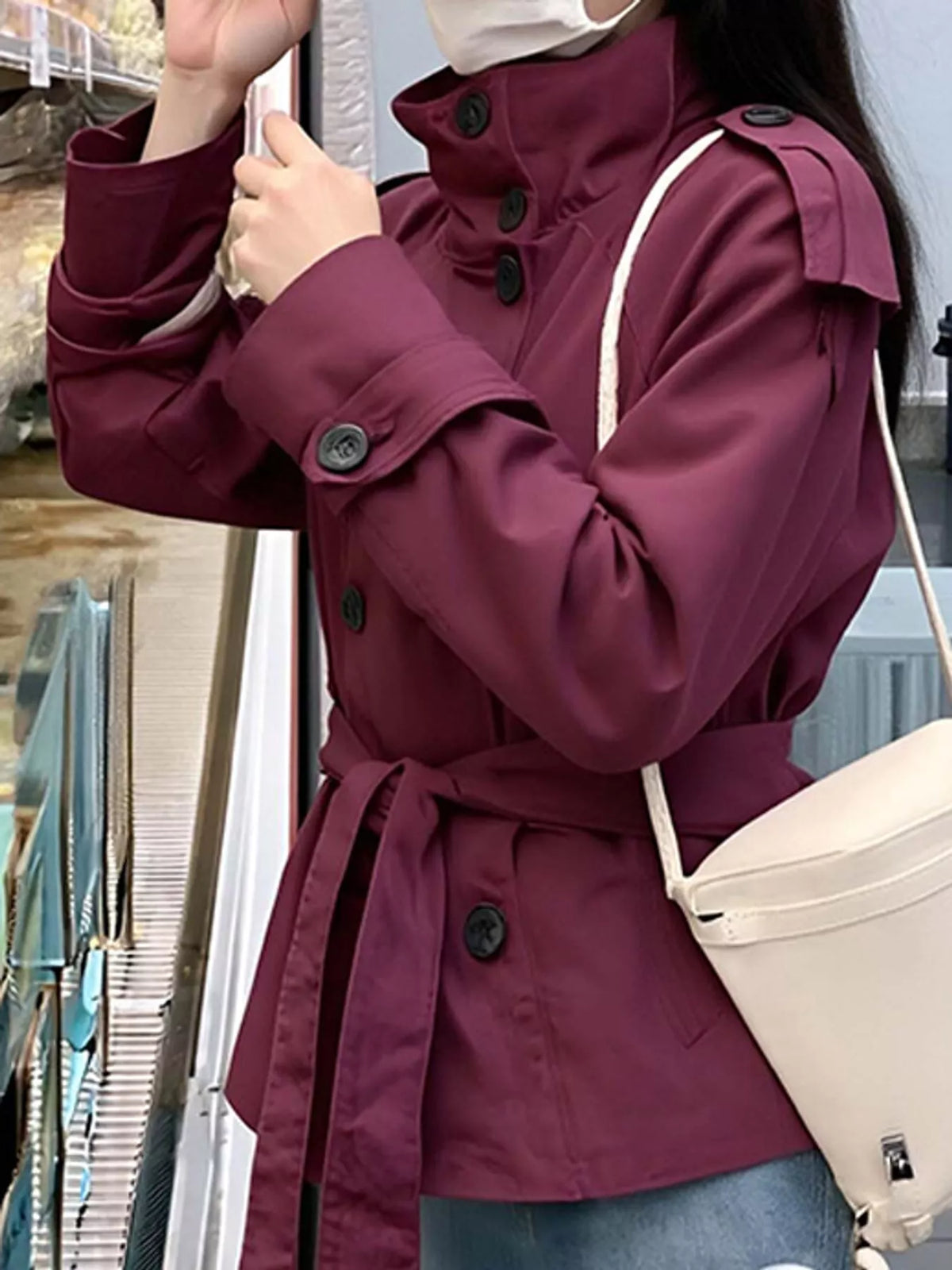 Women's Double-Breasted Belted Trench Coat in burgundy — side view