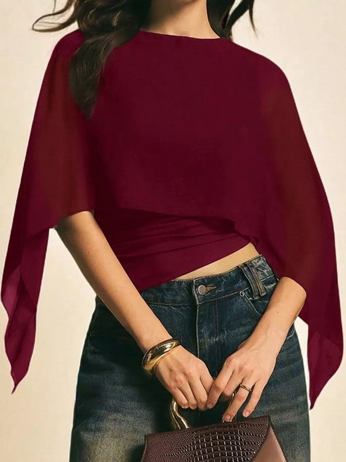 Burgundy cape sleeve round neck blouse
