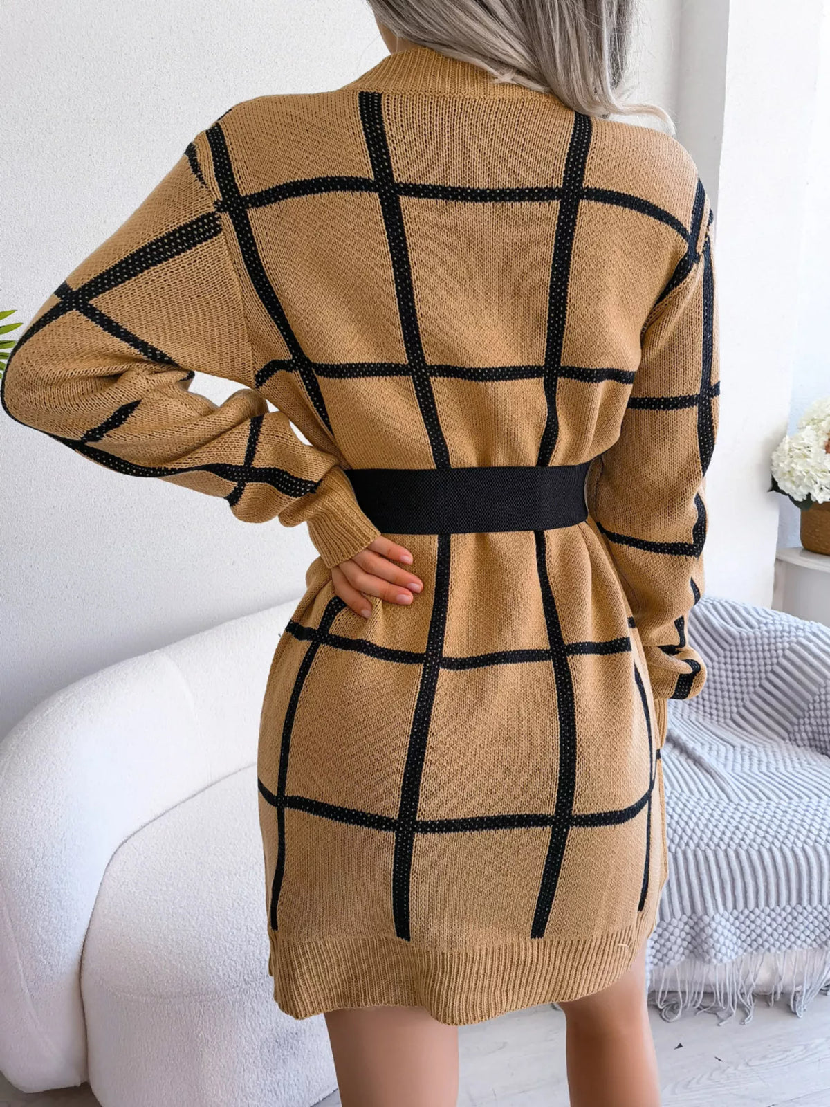 Camel windowpane long-sleeve sweater dress, belted back view.