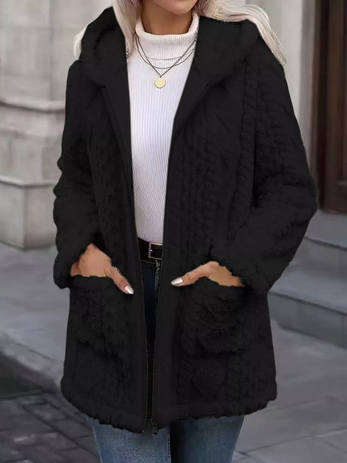 Black faux fur hooded zip-up jacket