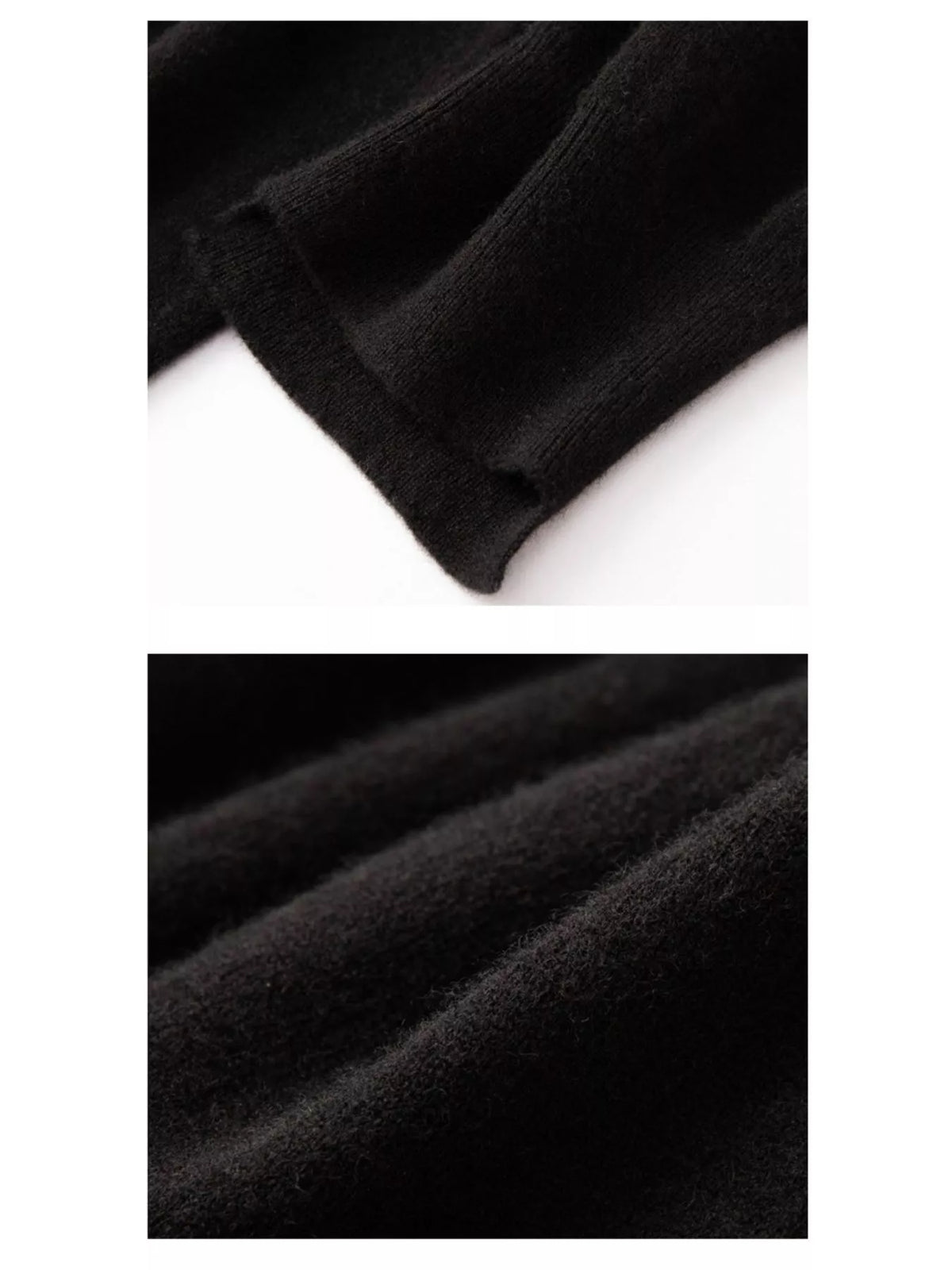 Black high-waisted drawstring wool knit pants, cuff and knit details