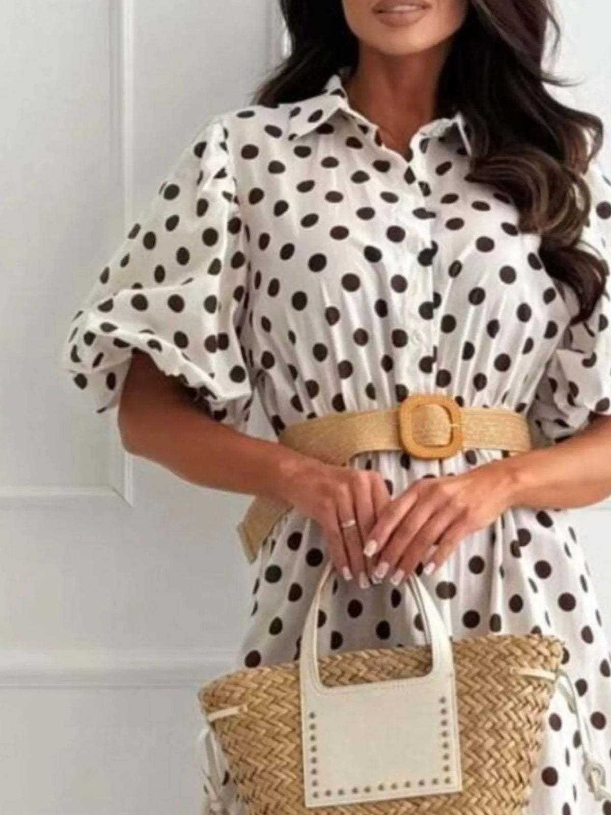 Trendsi Polka Dot Puff Sleeve Midi Dress -