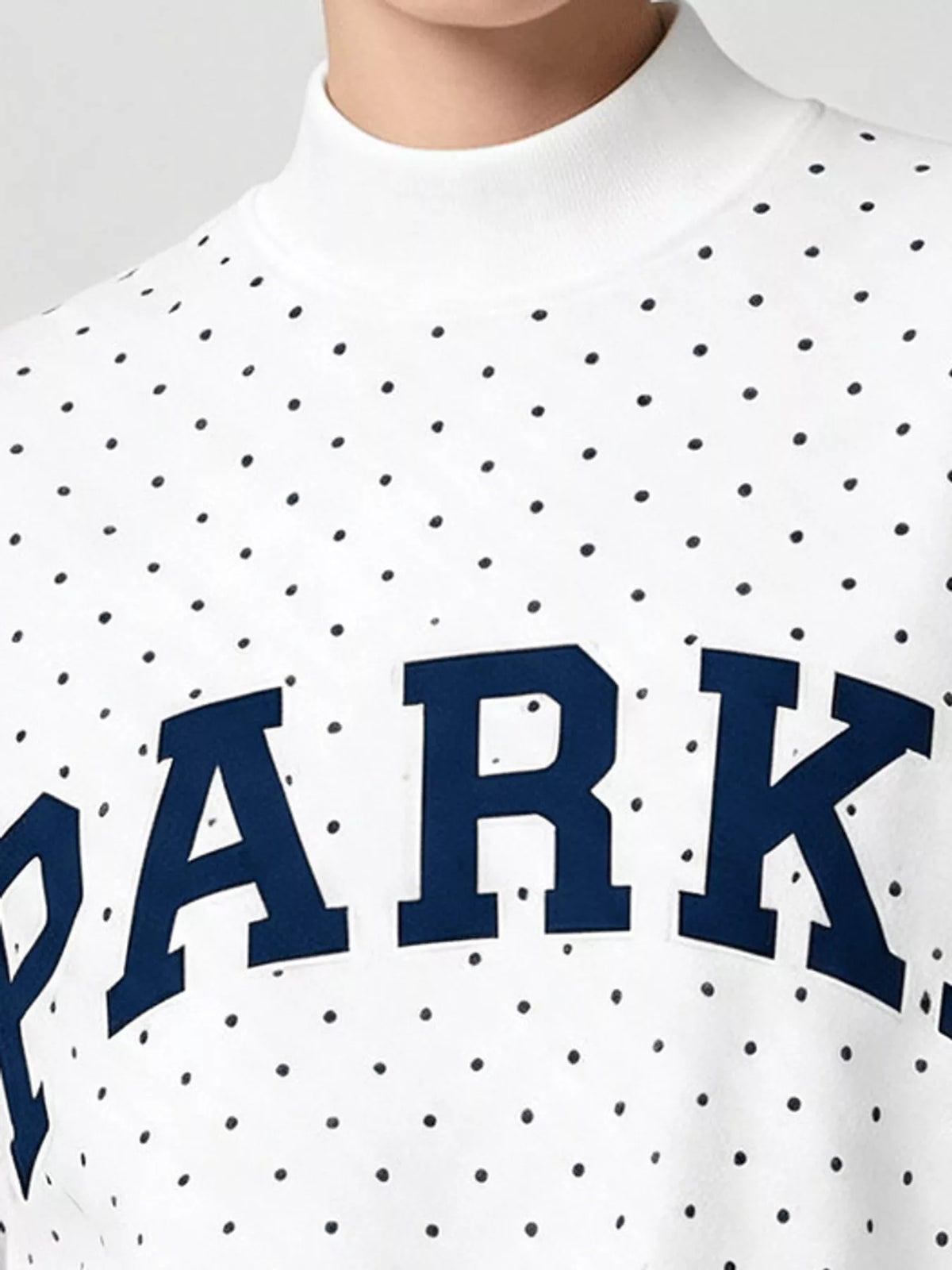 White polka dot letter graphic sweatshirt, lettering detail