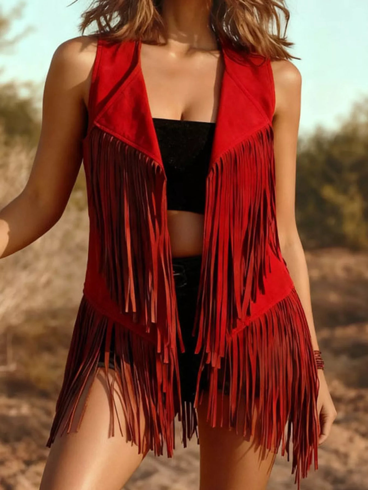 Fringed Hem Vest in red, front view
