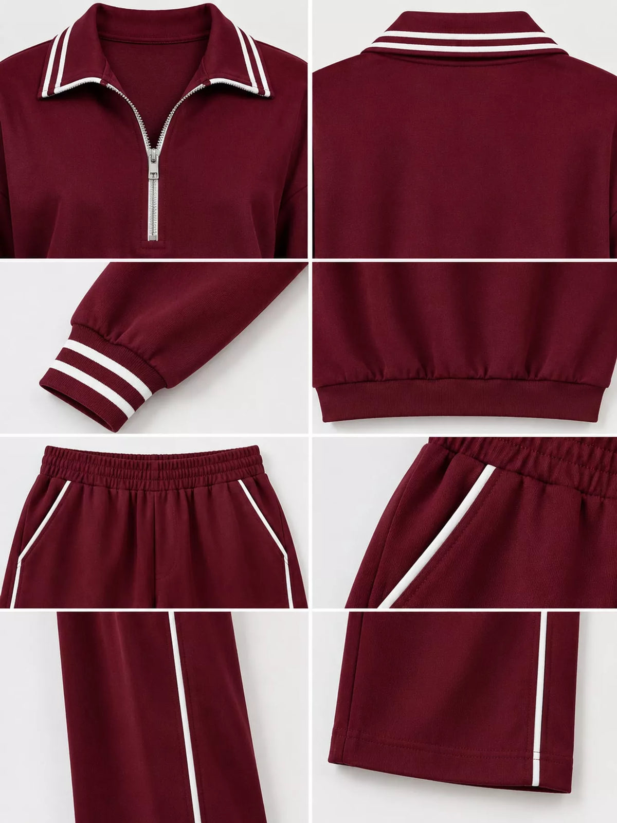 Burgundy striped half zip top and pants set, zip collar, cuffs, elastic waist, pocket, and leg hem close-ups