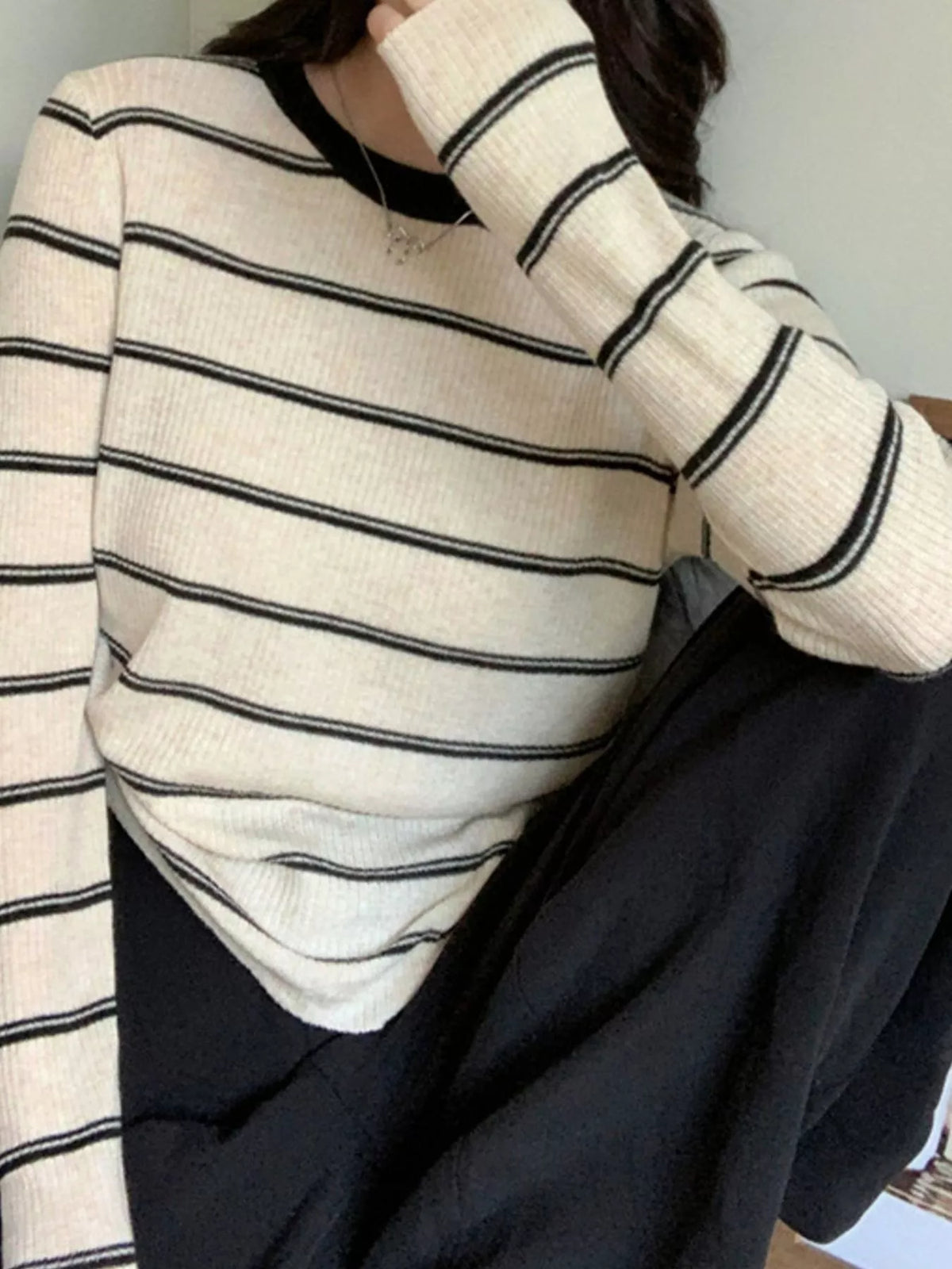 Striped Round Neck Ribbed Knit Top in cream and black