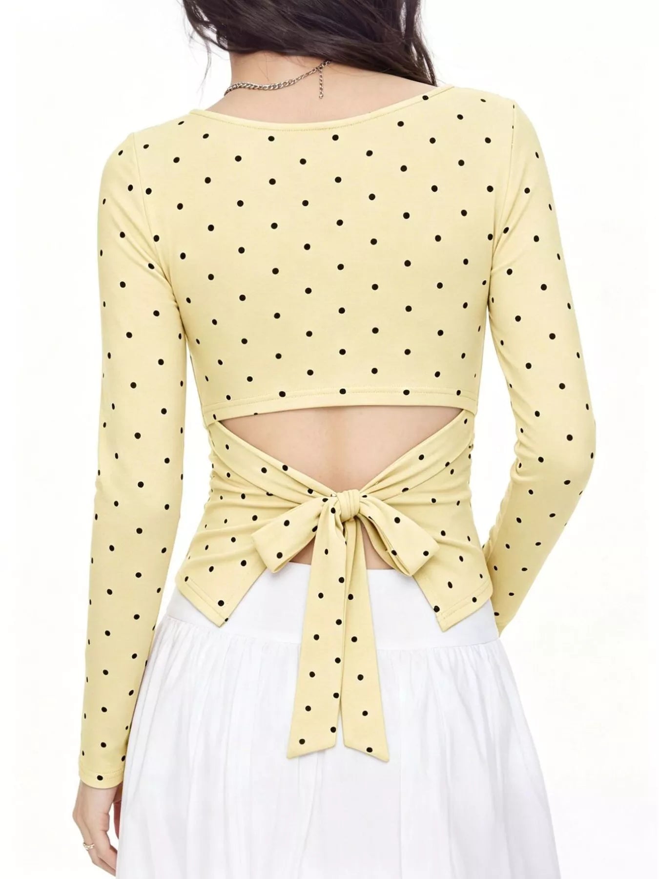 Trendsi Long Sleeve Polka Dot Tie Back T-Shirt -