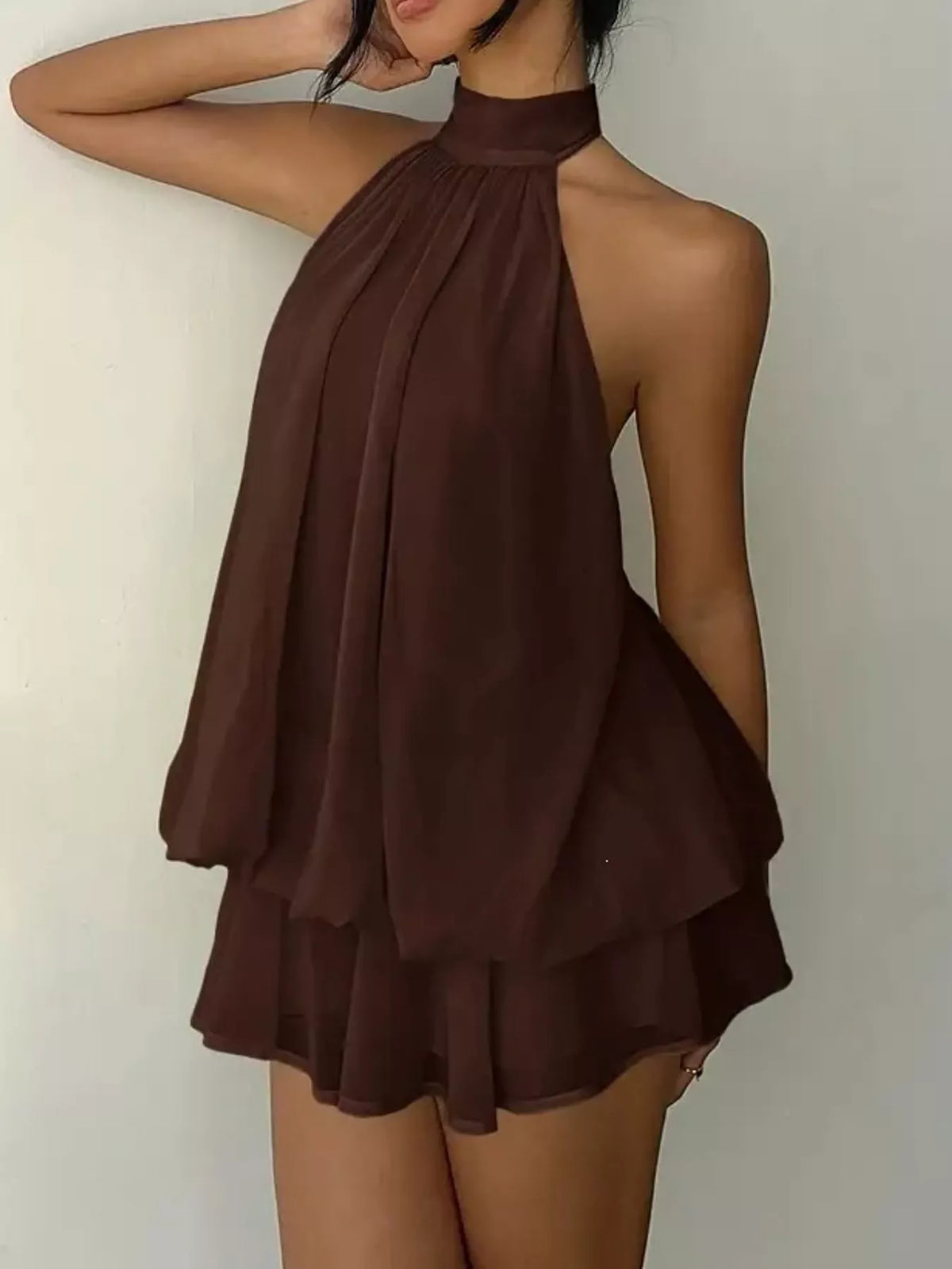 Brown halter neck layered mini dress, front view