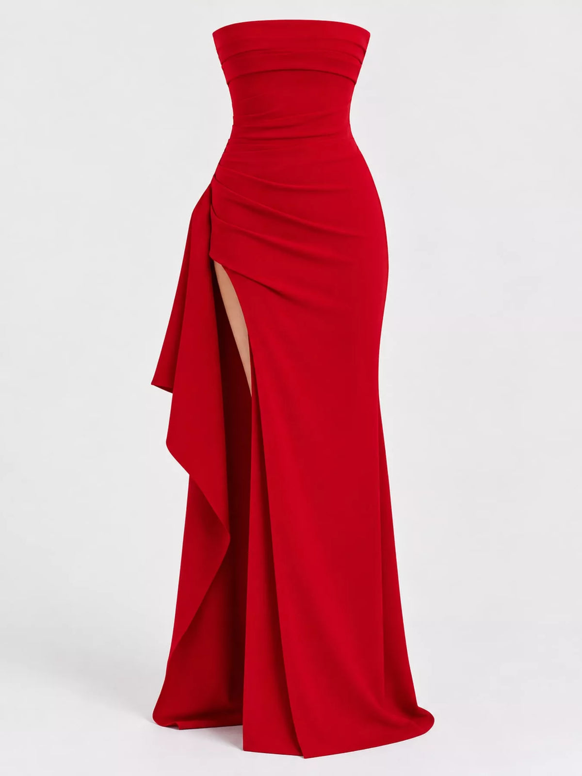 Red strapless high slit bodycon maxi evening dress, front view