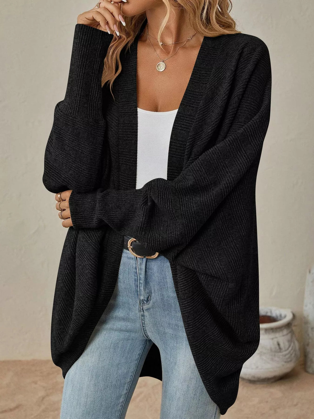 Black open-front batwing sleeve ribbed cardigan