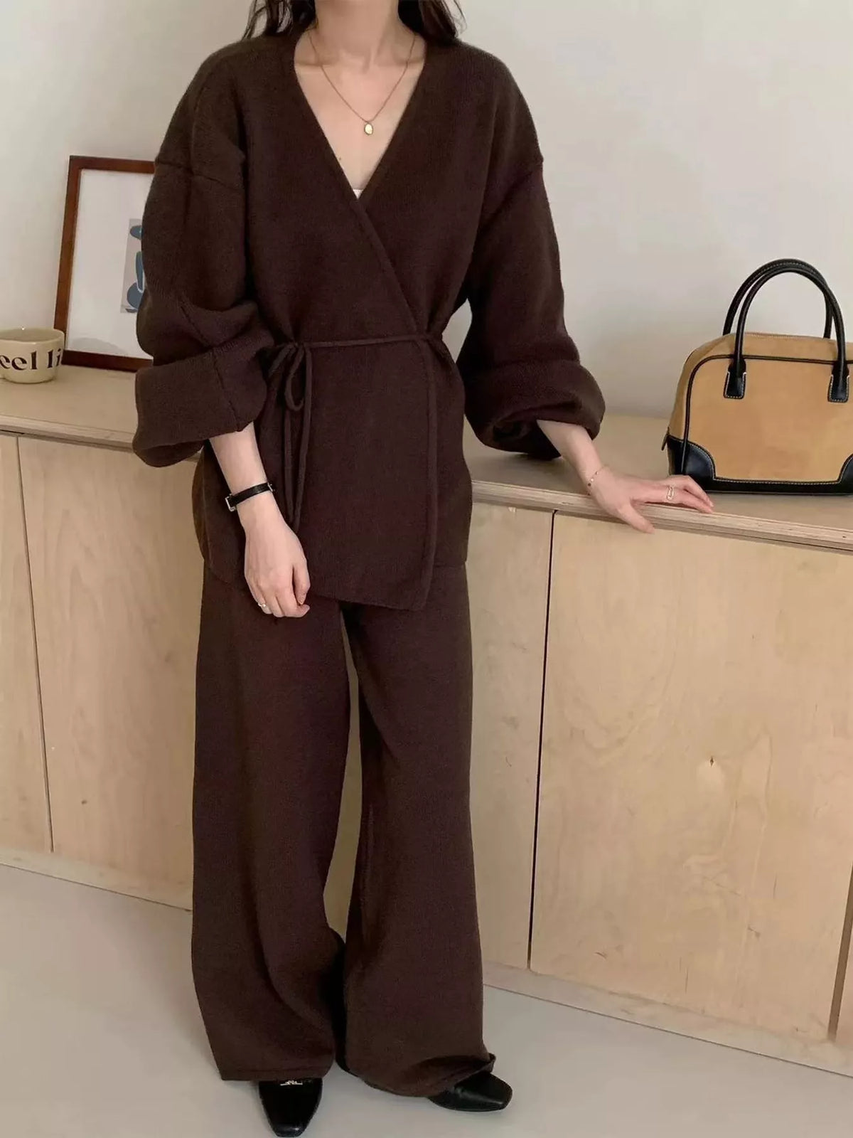 V-Neck Wrap Cardigan and Wide-Leg Pants Sweater Set in brown