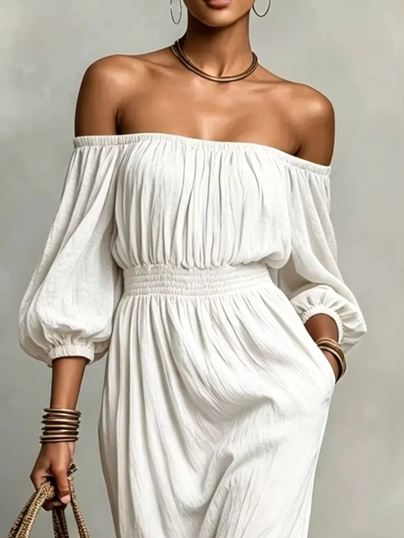 Trendsi t Off-Shoulder Smocked Waist Maxi Dress -
